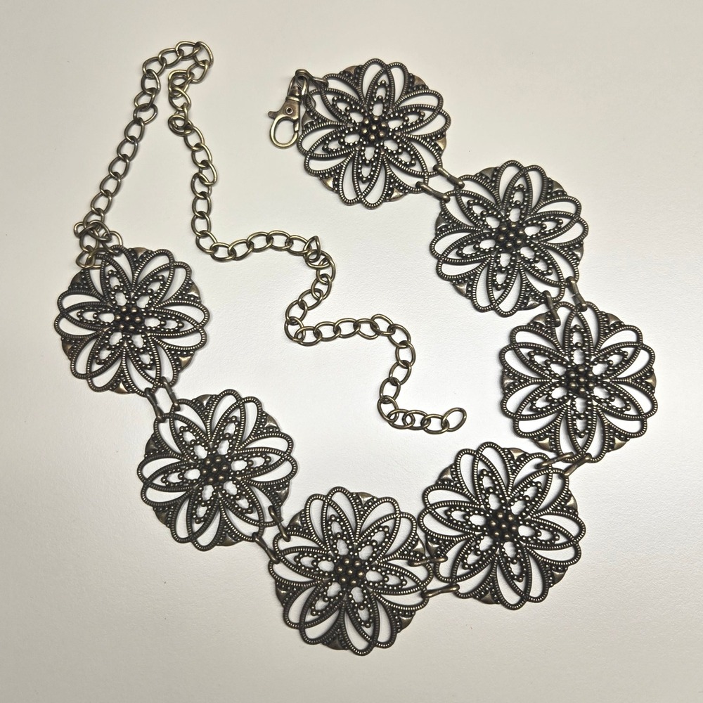 Womens Medallion Chain Belt Adjustable Brass Filigree Hippie Boho Retro Festival